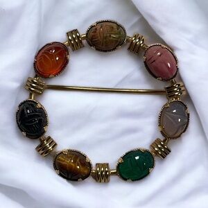 Vintage 14KT GF Scarab Beetle Colorful Rainbow Circle Brooch, Egyptian Revival